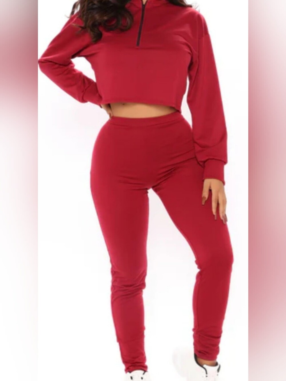 Fashion Nova Red High-Waist Legging and Cropped Zip Pullover Set